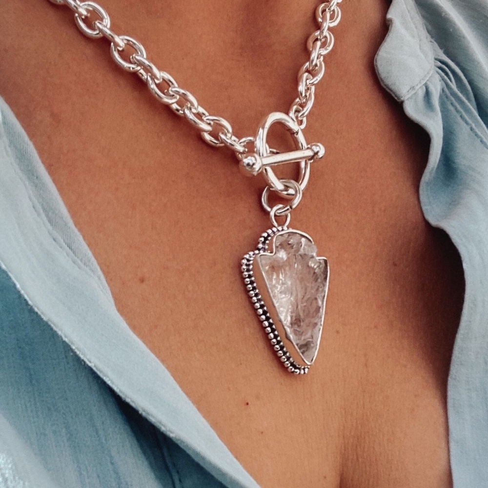 Huge clear quartz crystal pendant necklace! Toggle clasp! Chunky!